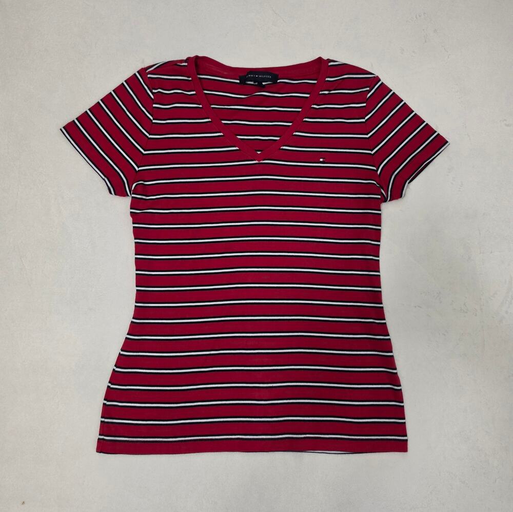 Tommy Hilfiger Women’s Striped V-Neck T-Shirt Size M Red White Black Short Sleve